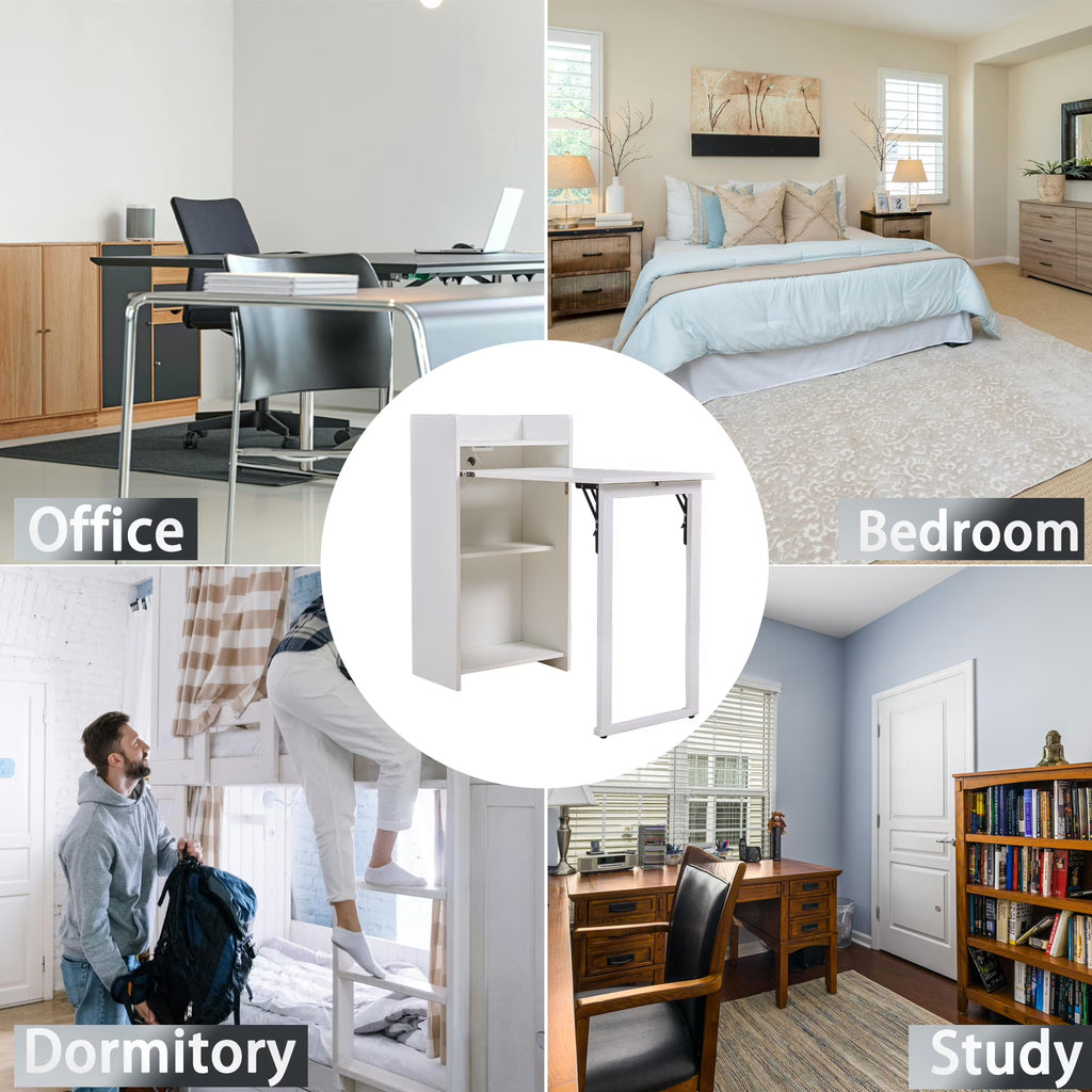 Foldable Storage Desk with Charging Station, Space-Saving Desk with Raised Surface, Multi-functional Desk for Home Office, Bedroom, and Small Spaces