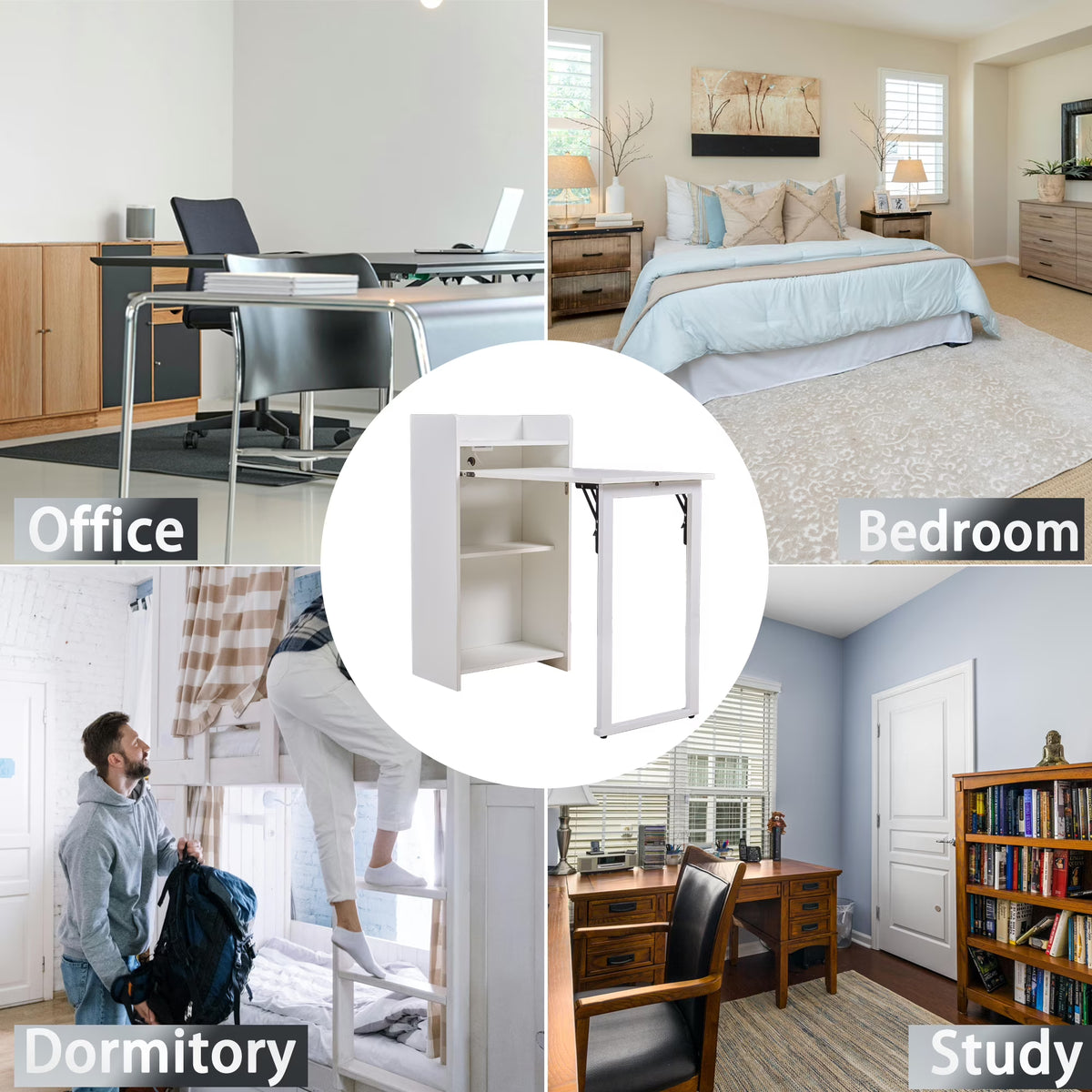 Foldable Storage Desk with Charging Station, Space-Saving Desk with Raised Surface, Multi-functional Desk for Home Office, Bedroom, and Small Spaces