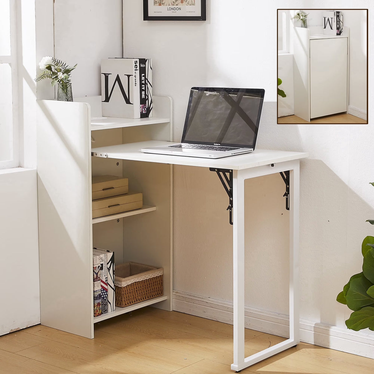 Foldable Storage Desk with Charging Station, Space-Saving Desk with Raised Surface, Multi-functional Desk for Home Office, Bedroom, and Small Spaces