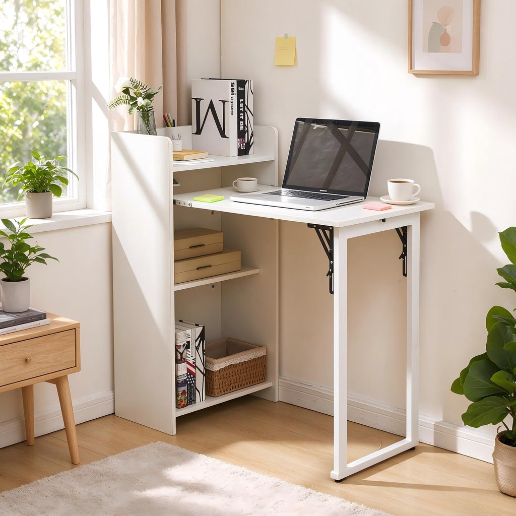 Foldable Storage Desk with Charging Station, Space-Saving Desk with Raised Surface, Multi-functional Desk for Home Office, Bedroom, and Small Spaces