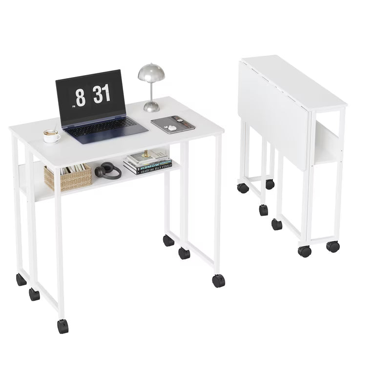 Space-Saving Folding Desk with Storage Shelf – Portable Computer Table on Wheels – No-Assembly Compact Writing Workstation – Sturdy Frame for Home Office, Bedroom