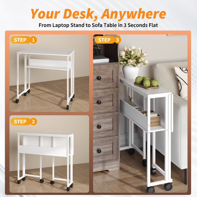 Space-Saving Folding Desk with Storage Shelf – Portable Computer Table on Wheels – No-Assembly Compact Writing Workstation – Sturdy Frame for Home Office, Bedroom