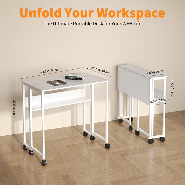 Space-Saving Folding Desk with Storage Shelf – Portable Computer Table on Wheels – No-Assembly Compact Writing Workstation – Sturdy Frame for Home Office, Bedroom