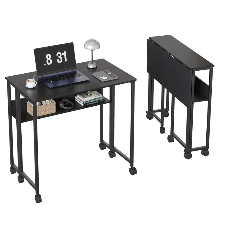 Space-Saving Folding Desk with Storage Shelf – Portable Computer Table on Wheels – No-Assembly Compact Writing Workstation – Sturdy Frame for Home Office, Bedroom