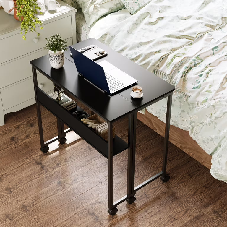 Space-Saving Folding Desk with Storage Shelf – Portable Computer Table on Wheels – No-Assembly Compact Writing Workstation – Sturdy Frame for Home Office, Bedroom