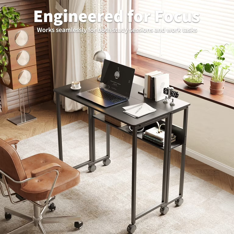Space-Saving Folding Desk with Storage Shelf – Portable Computer Table on Wheels – No-Assembly Compact Writing Workstation – Sturdy Frame for Home Office, Bedroom