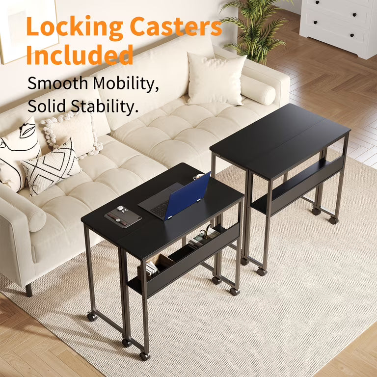 Space-Saving Folding Desk with Storage Shelf – Portable Computer Table on Wheels – No-Assembly Compact Writing Workstation – Sturdy Frame for Home Office, Bedroom