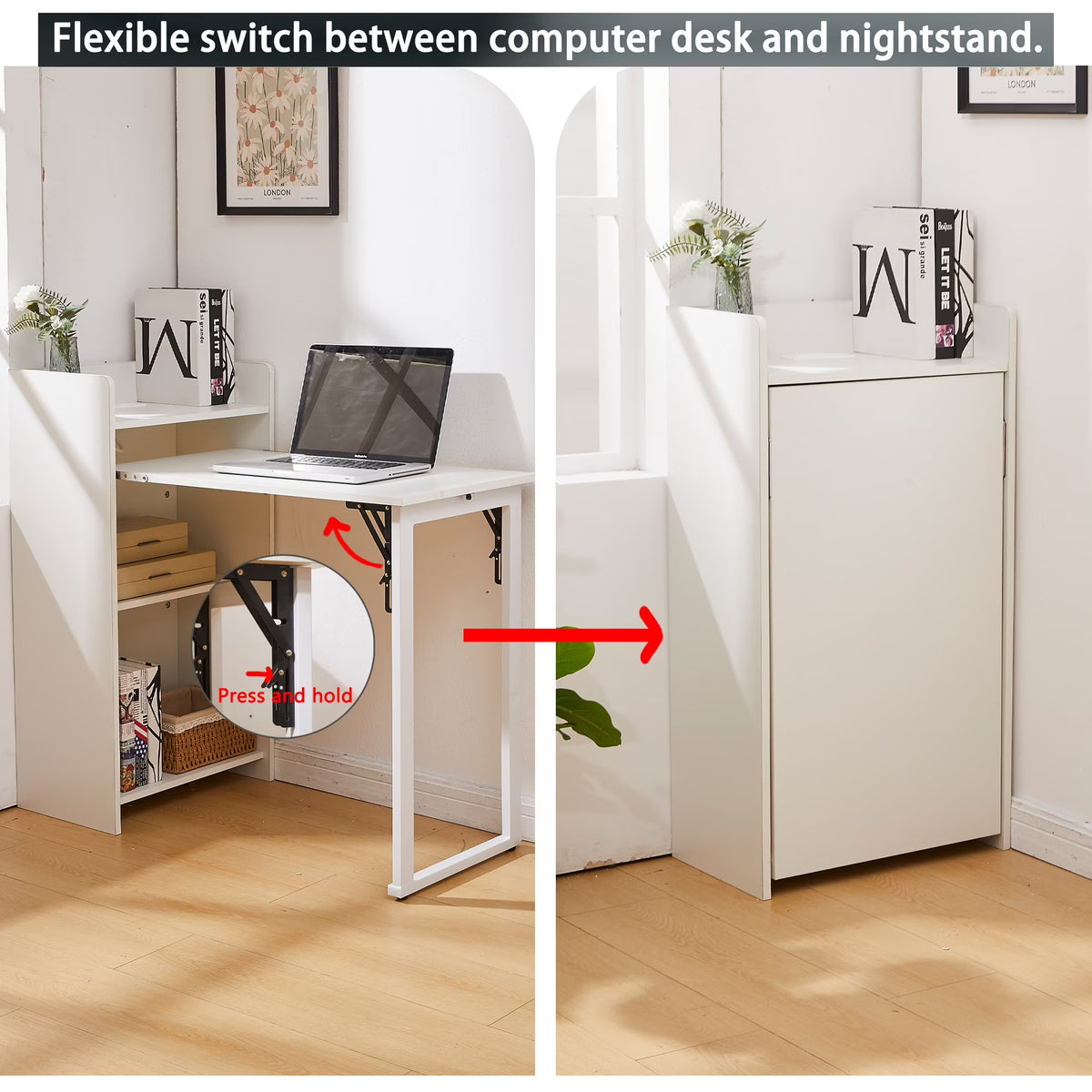 Foldable Storage Desk with Charging Station, Space-Saving Desk with Raised Surface, Multi-functional Desk for Home Office, Bedroom, and Small Spaces