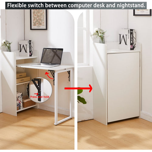 Foldable Storage Desk with Charging Station, Space-Saving Desk with Raised Surface, Multi-functional Desk for Home Office, Bedroom, and Small Spaces
