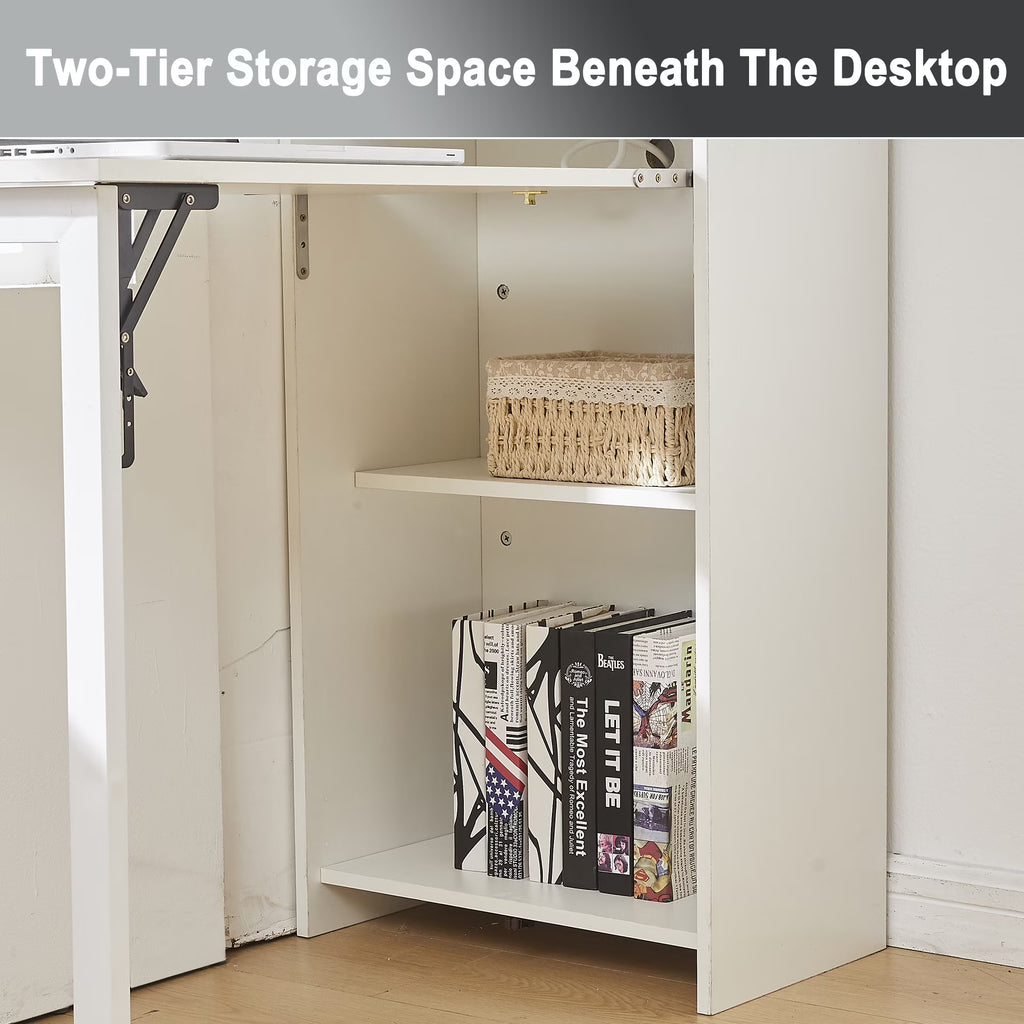 Foldable Storage Desk with Charging Station, Space-Saving Desk with Raised Surface, Multi-functional Desk for Home Office, Bedroom, and Small Spaces