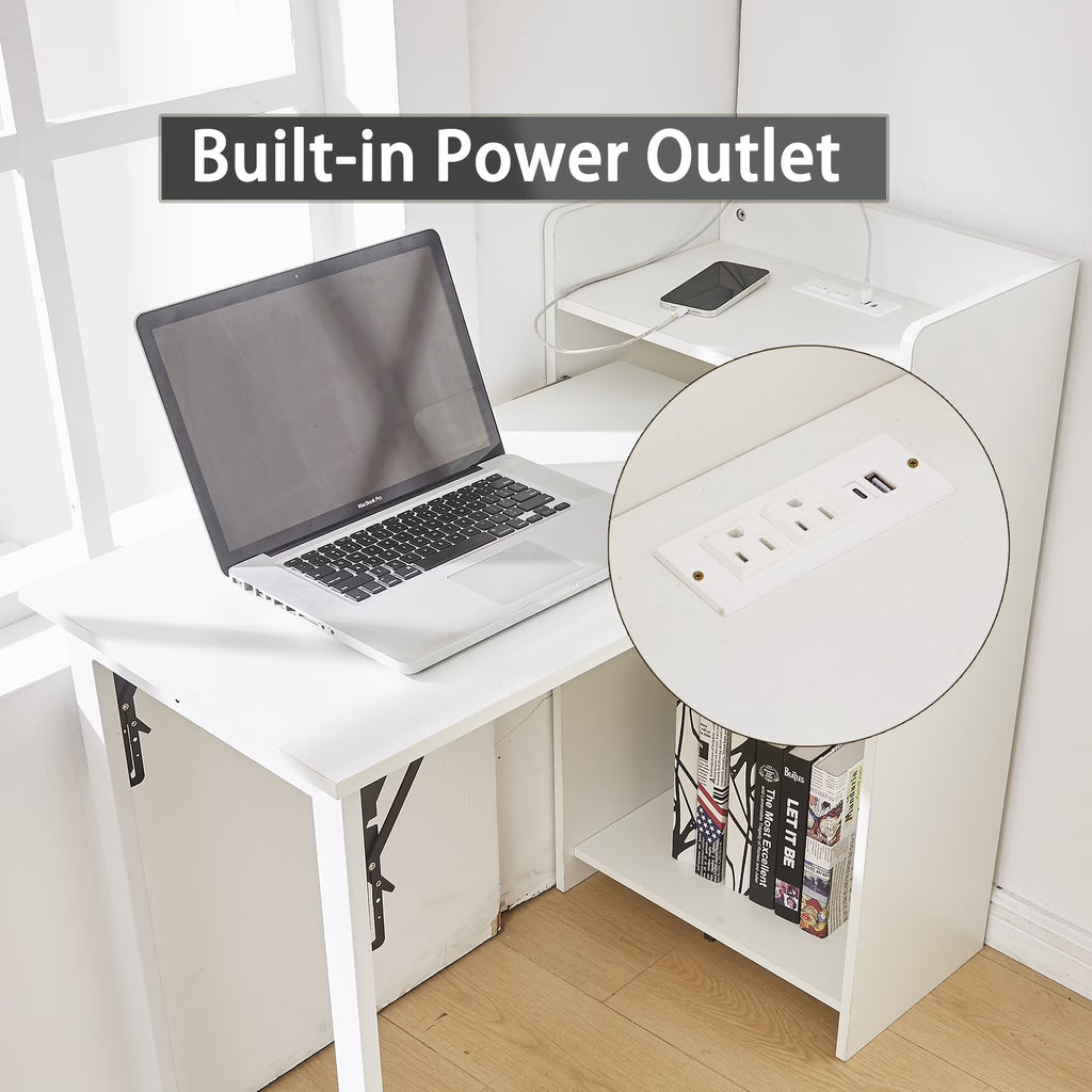 Foldable Storage Desk with Charging Station, Space-Saving Desk with Raised Surface, Multi-functional Desk for Home Office, Bedroom, and Small Spaces